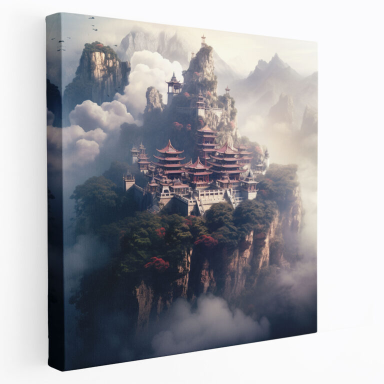 Asiatisches Leinwandbild - Nebelige Bergtempel Wandkunst - Asiatisch Wohnkultur Nebelverhangene Berge Leinwandkunst