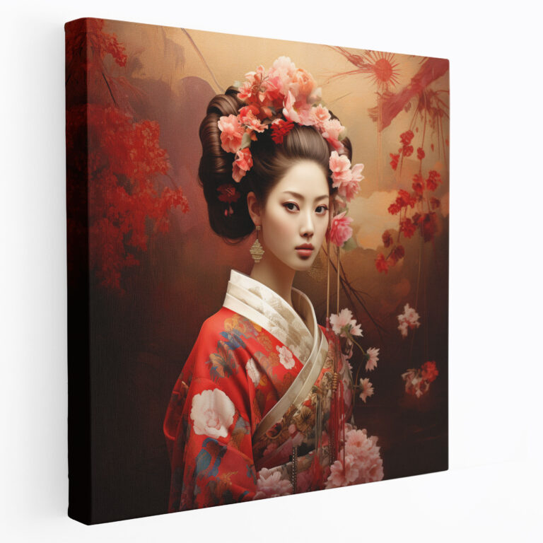 Asiatisches Leinwandbild: Geisha im Kimono Wandkunst - Asiatisch Anmutige Geisha Leinwandwandkunst