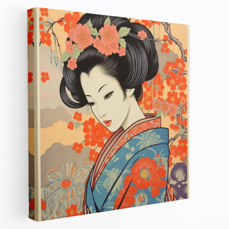 Asiatisches Leinwandbild: Anmutige Geisha im Kimono - Asiatisch Anmutige Geisha Wohn-Deko Leinwandwandkunst