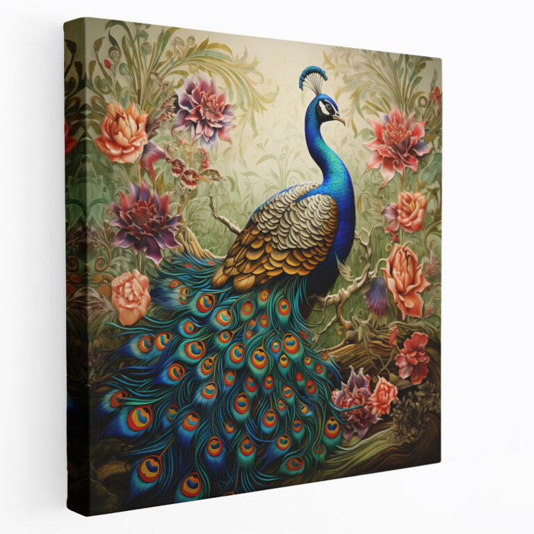 Asiatisches Leinwandbild: Prächtiger Pfau - Asiatisch Leinwand Wandkunst Opulenz