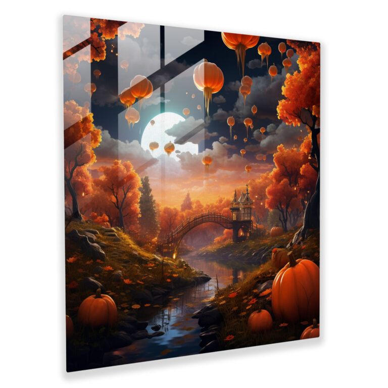 Verträumtes Herbst-Fantasie Glasbild - Herbst bunte Bäume Wanddekoration schwebende Kürbisse