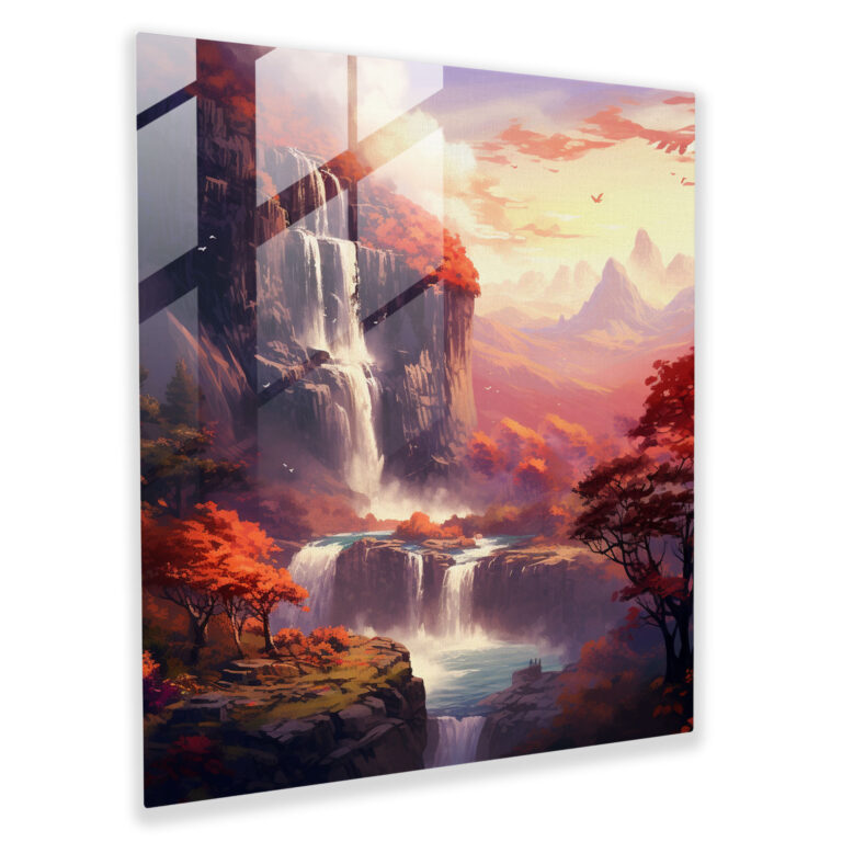 Herbstlicher Wasserfall Glasbild - Herbst Wanddekoration Ruhe Glas Wandkunst