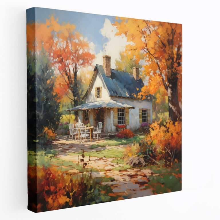 Herbstliches Landhaus Wandkunst - Herbst impressionistisches Ölgemälde Leinwand Wandkunst