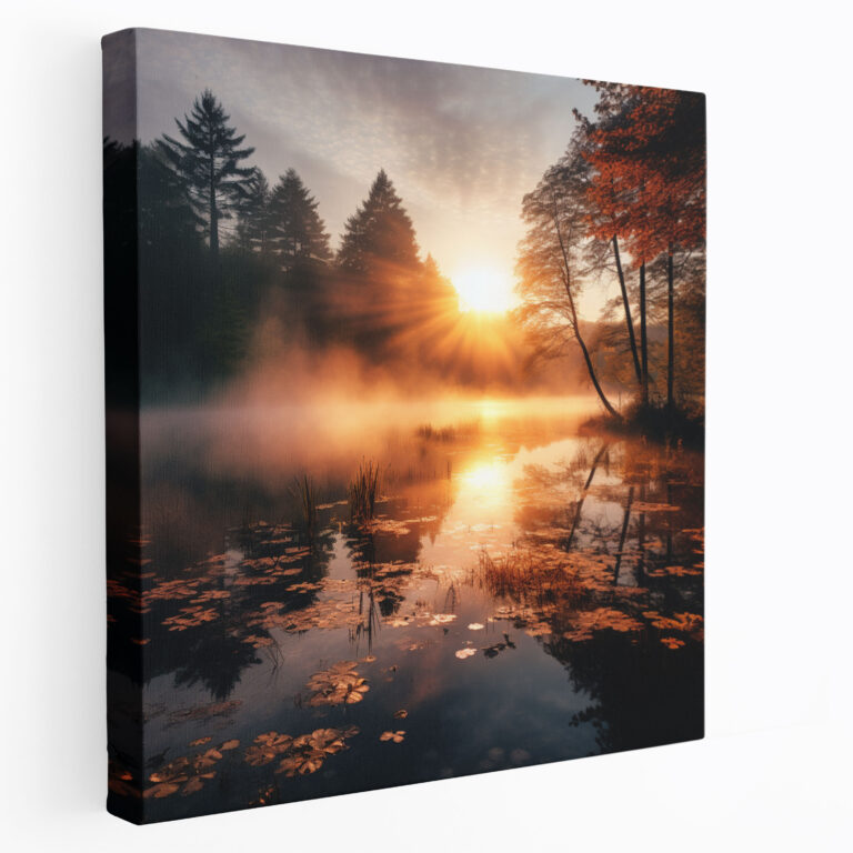 Fotoleinwanddruck Herbstlicher Nebelsee - Herbst Ruhe am See Leinwandbild Wanddekoration