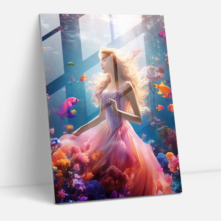 Barbie Glasbild - Unterwasserabenteuer - Ruhevolle Wanddekoration - Barbie Unterwasser Wohnkultur Korallenriffe