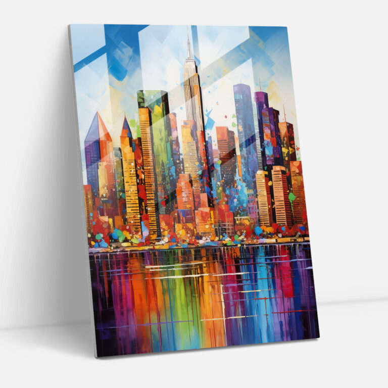 Basquiat Glasbild - Stadtsilhouette - New York City Skyline lebendige Farben