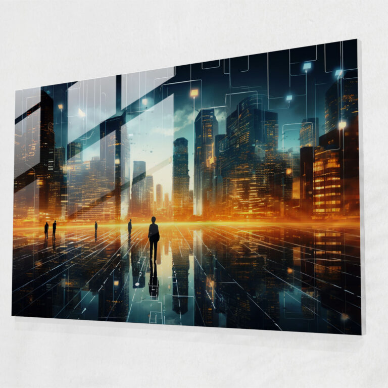 Moderne Glaswandkunst mit Blockchain-Motiv - Stadtpanorama Wanddekoration zeitgenössische Kunst