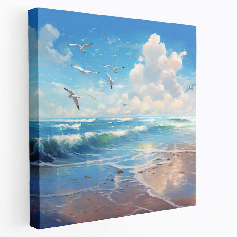 Strand Leinwandbild - Ruhevolle Möwen Wandkunst - Strand Leinwandbild Möwen Meereslandschaft