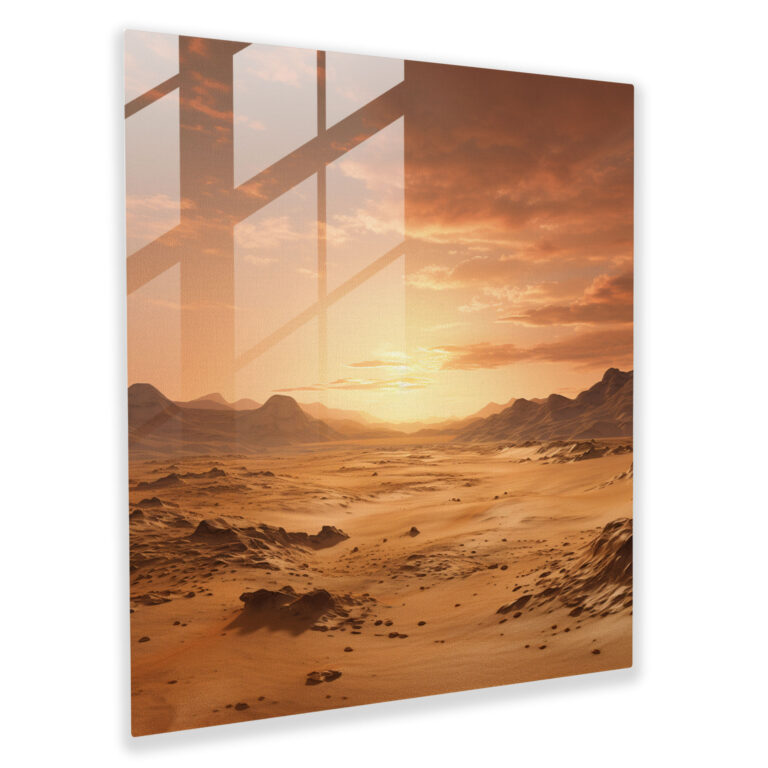 Glasbild Wüsten Sonnenuntergang Leinwandbild - Beige Wanddekoration Goldene Stunde