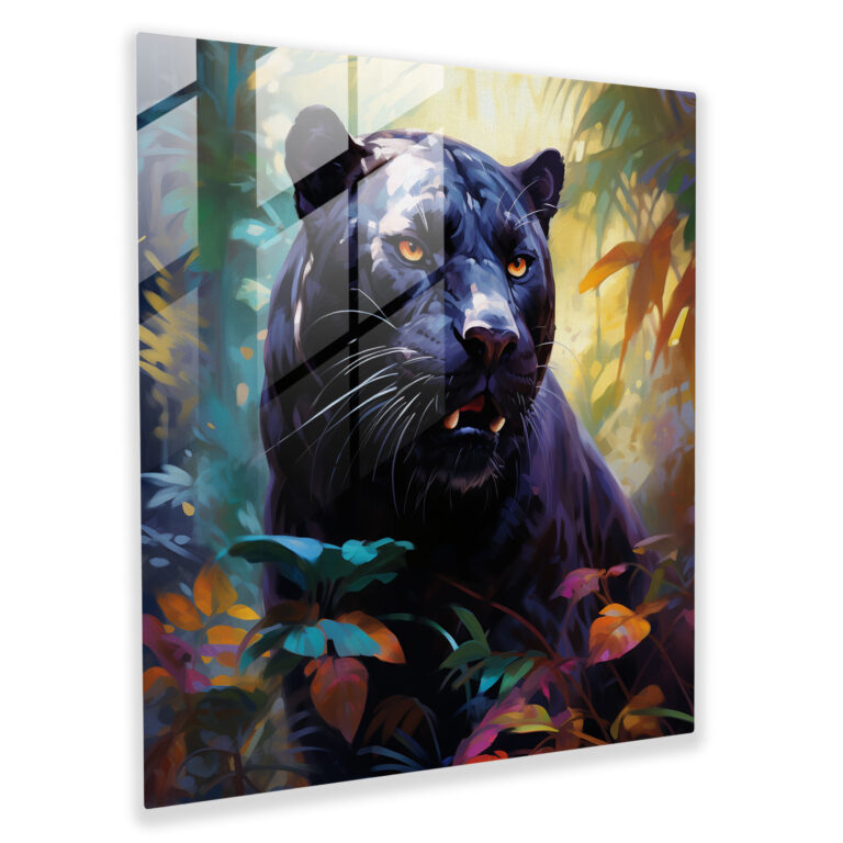 Glasbild mit schwarzem Panther - Modernes Design Eleganz Dschungel