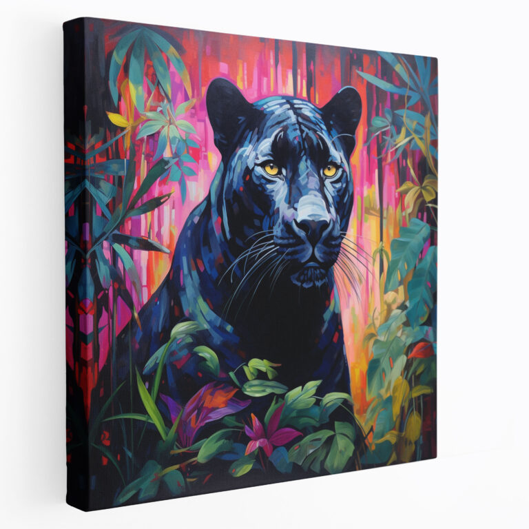 Leinwandbild Schwarzer Panther - Majestätischer Panther im lebendigen Dschungel - Schwarzer Panther Leinwand Wohnkultur Leinwand Wandkunst