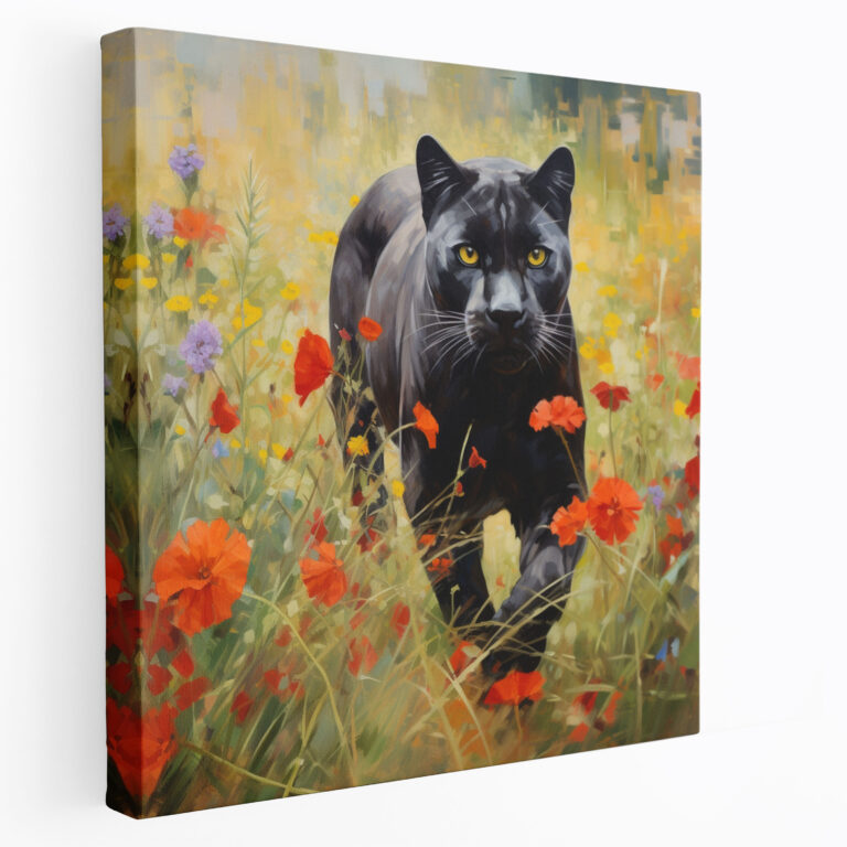 Wanddekoration Schwarzer Panther – Panther träumt auf Blumenwiese – Impressionistisches Gemälde Leinwandbild Wohnkultur