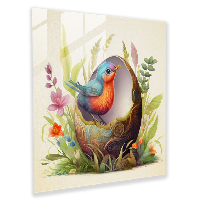 Zum Fliegen geboren: Verspieltes Glasbild - Babyvogel Fantasievolle Illustration Buntes Ei