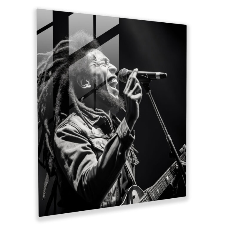 Bob Marley Glasbild - Schwarz-weiße Live-Performance - Bob Marley Glas Wandkunst Schwarz-weiß Moderne Kunst