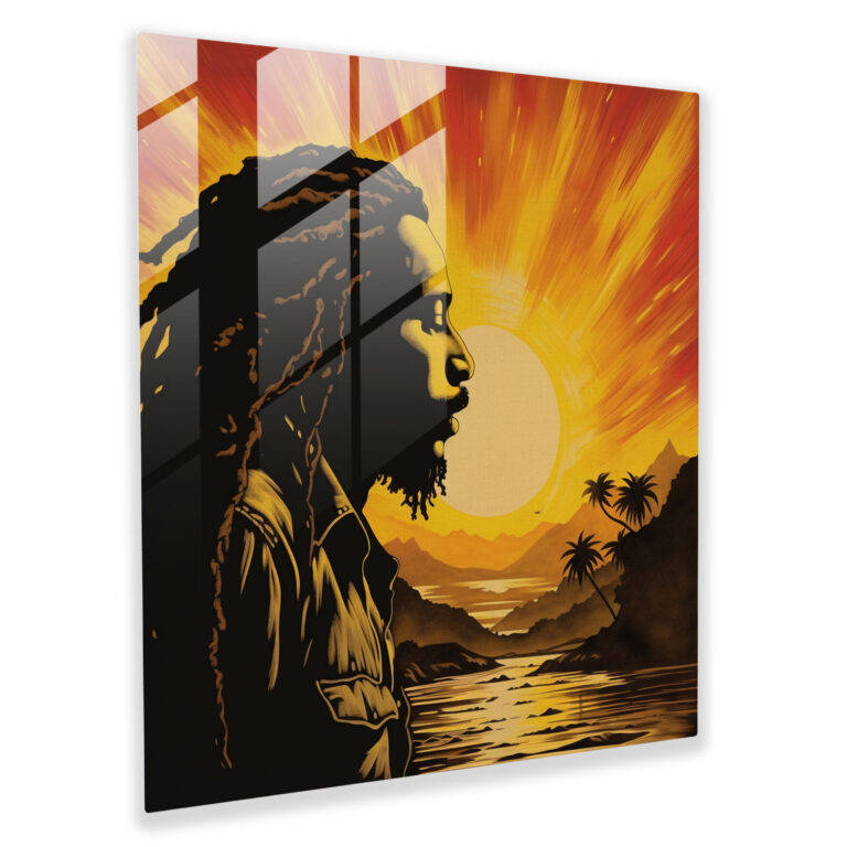 Glasbild Bob Marley Sonnenuntergang - Bob Marley Glaswandkunst Dekoration für Zuhause Sonnenuntergang Hintergrund