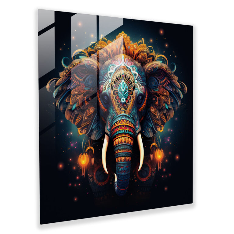 Glasbild mit Bohemian Elephant-Motiv - Digitale Kunst im Bohemian-Stil Boho-inspiriert Bohemian Vibes Wanddekoration