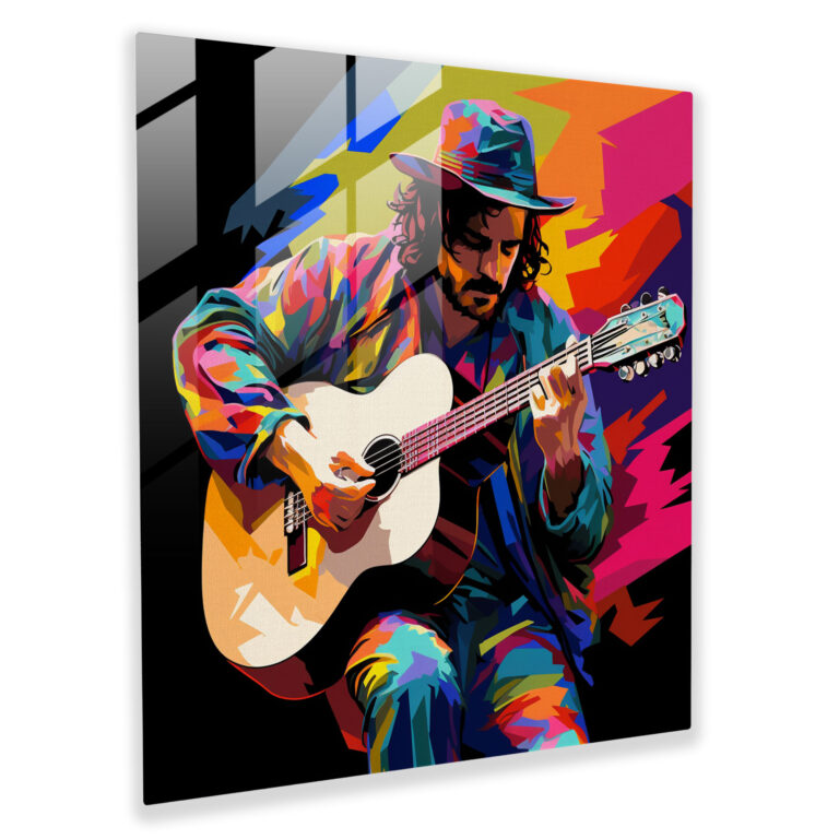 Glasbild Bohemian Musiker - Bohemian Glas Kunst lebendige Farben Pop Art Illustration