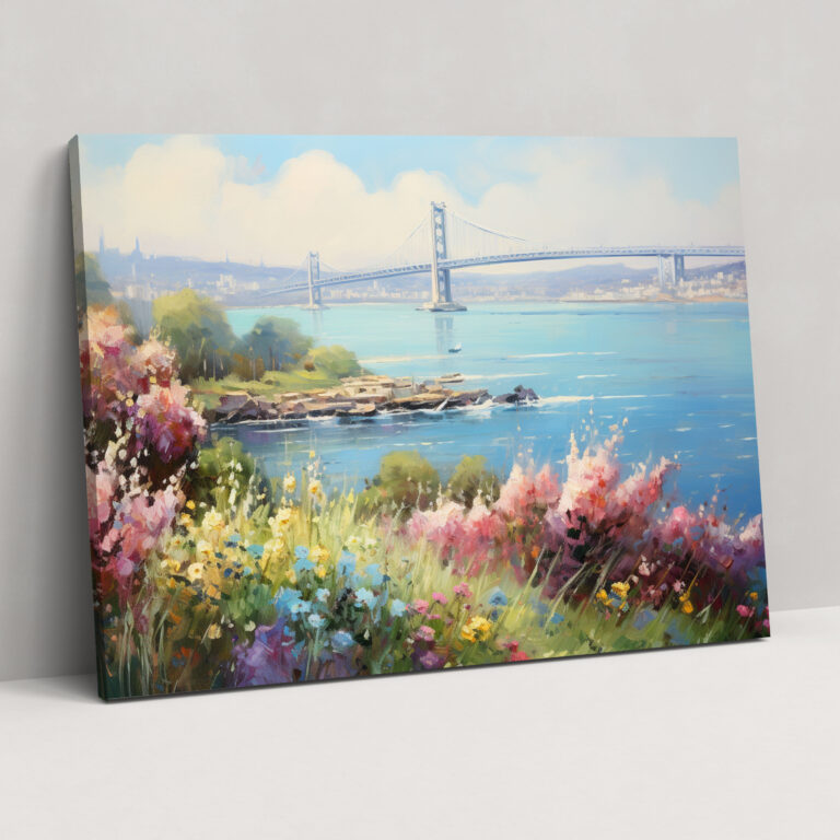 Bosphorus-Brücke Wanddekoration - Impressionistisches Ölgemälde der Bosphorus-Brücke mit bunten Blumen Leinwandkunst