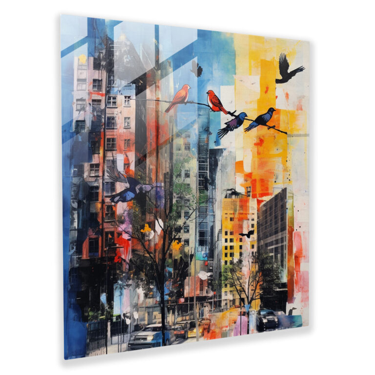 Glasbild Städtische Flucht: Zeitgenössische Mixed-Media-Collage eines Stadtbildes mit Vögeln