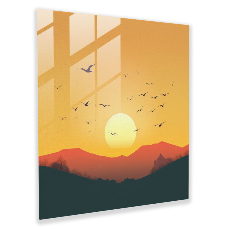 Glasbild Sonnenaufgang in minimalistischem Design - Ruhige Silhouette eines Vogelzugs - Zeitgenössische Glaswandkunst