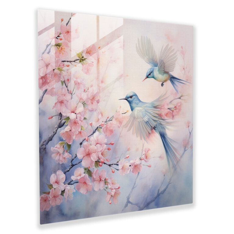 Ethereales Aquarell Glasbild - Zarte Vogelsymphonie - Glas Wanddekoration mit abstrakter Kunst