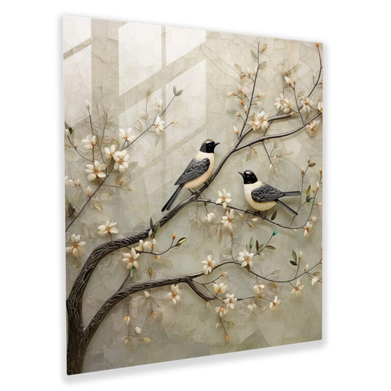 Exquisites Glasbild: Elegante Vögel auf fließenden Zweigen - Glaswandkunst Wohnkultur Wanddekoration Glasbilder moderne Kunstwerke