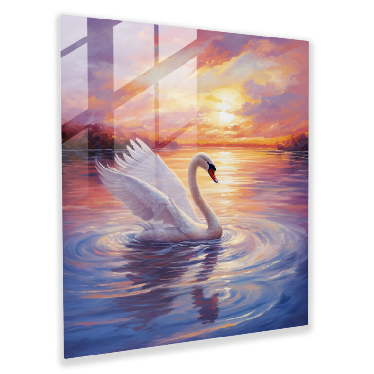Anmutiges Schwanen-Glasbild: Impressionistisches Porträt eines Schwans der über einen ruhigen See bei Sonnenuntergang gleitet - Glasbild Wohnkultur Wanddekoration moderne Kunstwerk