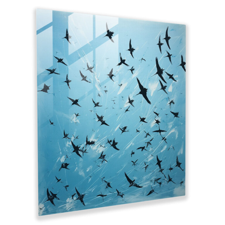 Glasbild: Schwarm Silhouettenvögel im Flug gegen klaren blauen Himmel - Glaswandkunst Wohnkultur Wanddekoration moderne Kunstwerke