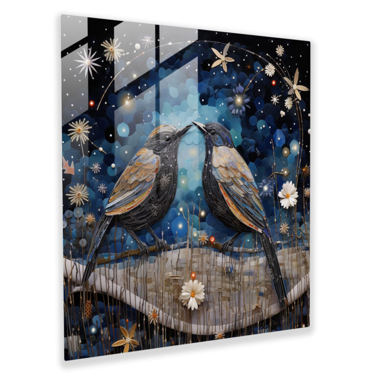 Glasbild Himmlischer Flug - Wanddekoration aus Mixed Media mit Glasmosaikvögeln