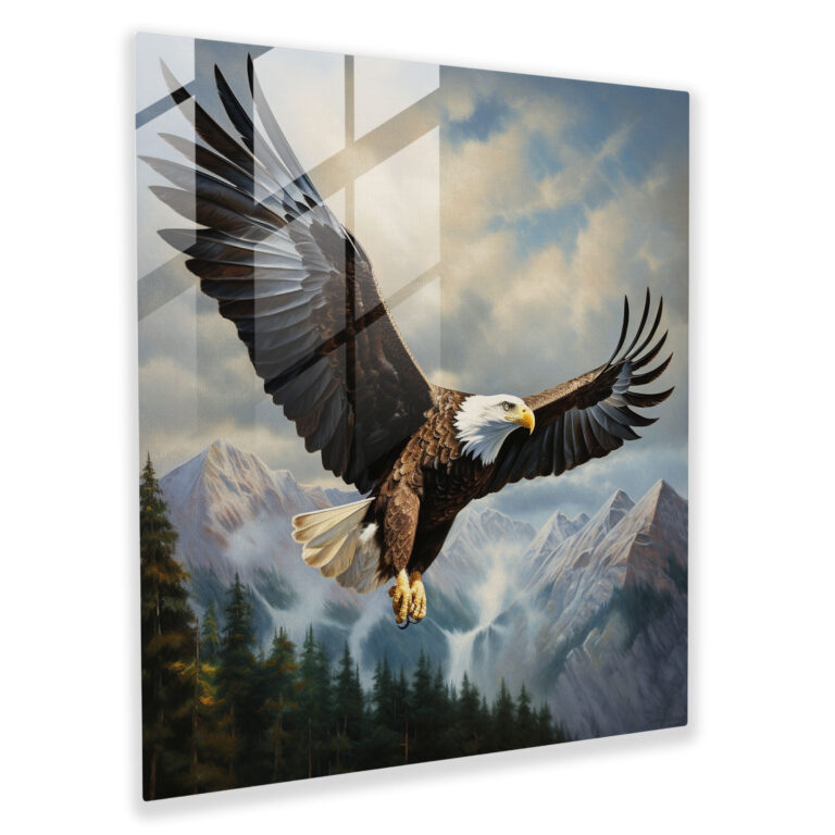 Majestätisches realistisches Ölglasbild - Adler schwebt über atemberaubenden Bergen