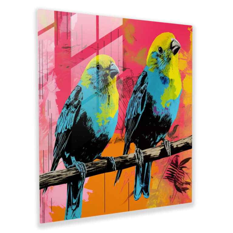Spielerisches Pop-Art Glasbild - Lebhafte Vögel auf kräftigem Hintergrund