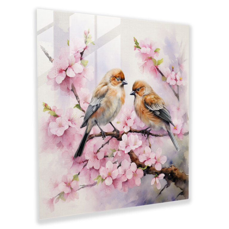 Romantisches Aquarellglasbild - Liebesvögel auf blühendem Kirschblütenbaum