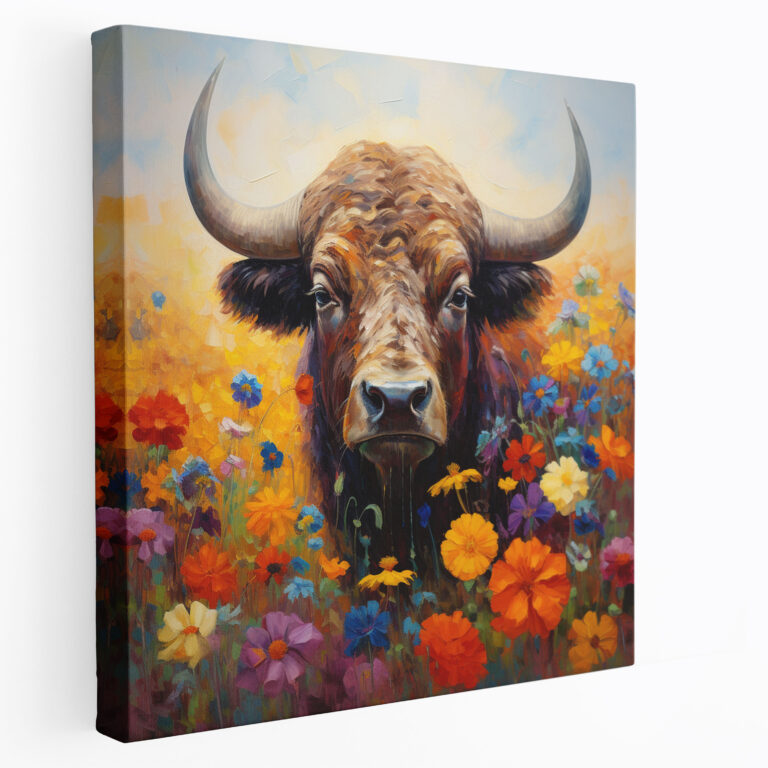 Wildblumen Büffel Leinwandbild - Impressionistisches Design - Büffel Leinwand Traumhafte Atmosphäre Wildblumen