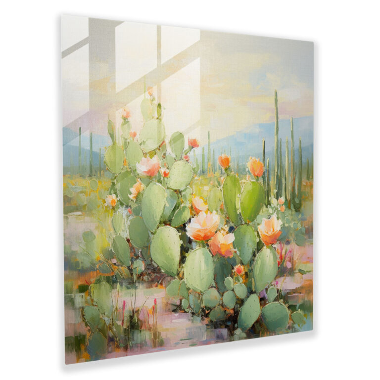 Impressionistisches Kaktusfeld Glasbild - Kaktus Grüntöne Natur Kaktusfeld