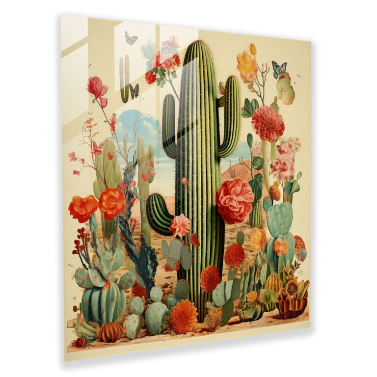 Glasbild mit Vintage Kaktus Collage - Kaktus Vintage Illustrationen moderne Kunst Wohnkultur