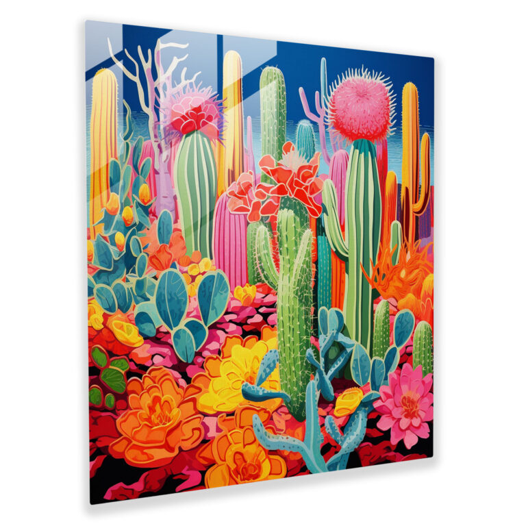 Glasbild Kaktusdruck - Kaktus von Pop Art inspiriert bunte Kakteen Collage