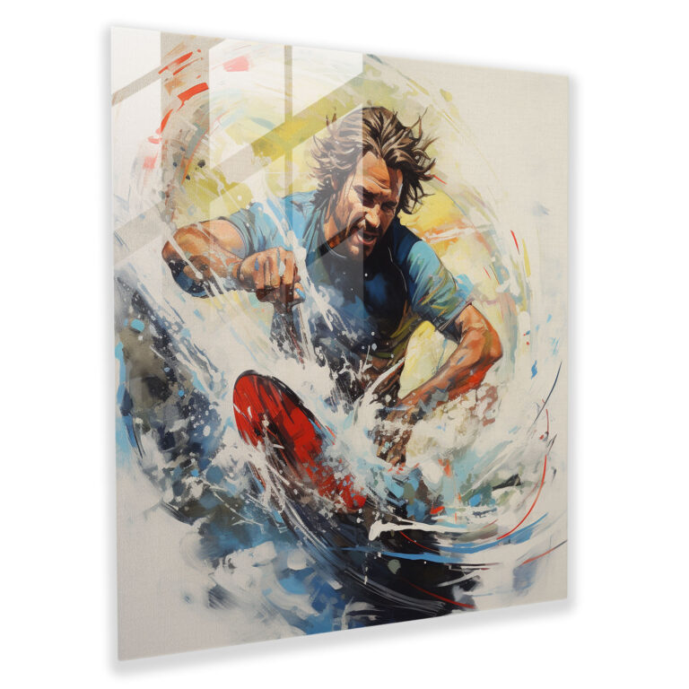 Glasbild Seaside Harmony - Ausdrucksstarke Surfer Wandkunst - Küstendeko für Zuhause - Dynamische Glas Kunst