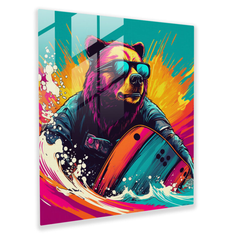 Surfender Bär Pop-Art Glasbild