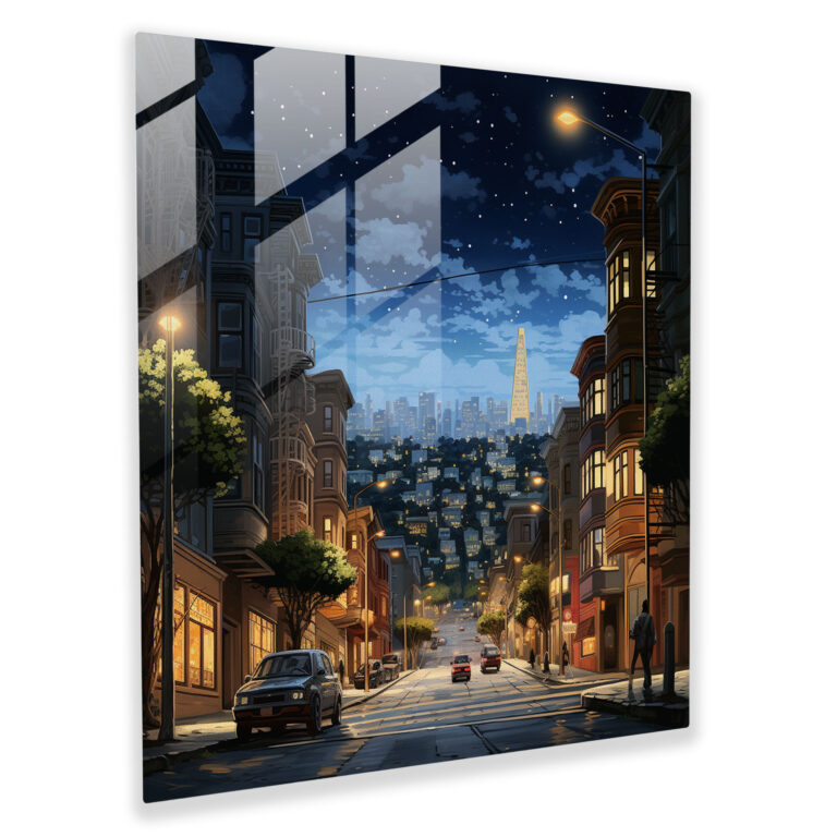 Glasbild Sternenklare Straßen - Realistische Stadtszene Illustration Glas Wandkunst
