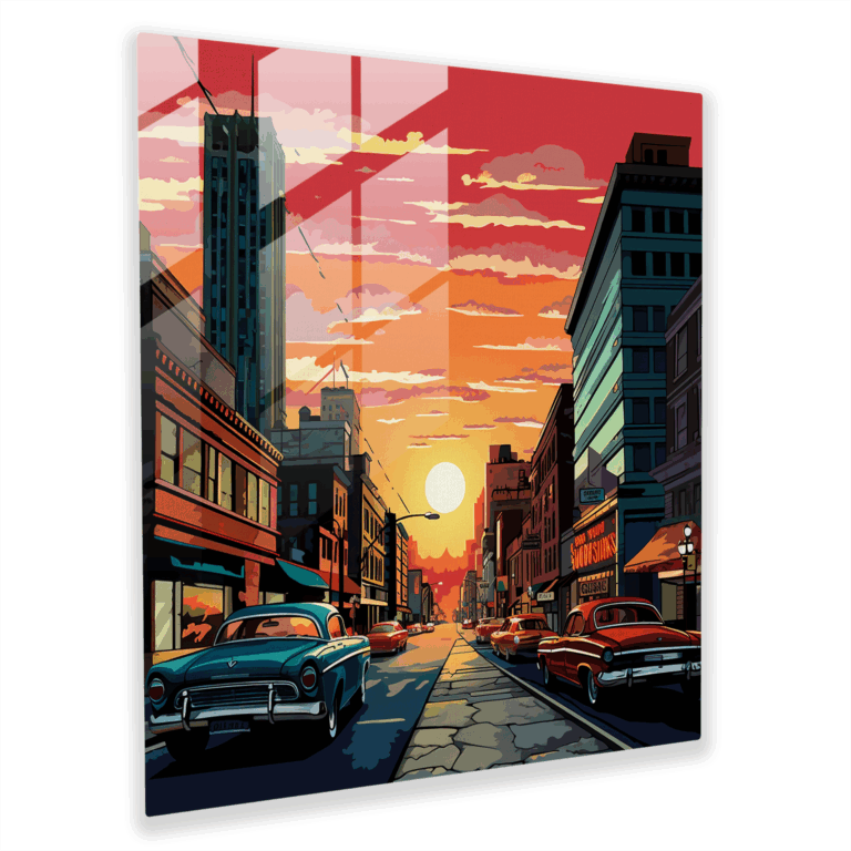 Glasbild Retro Cityscape - Pop Art Glaswandkunst zur Wohnraumdekoration