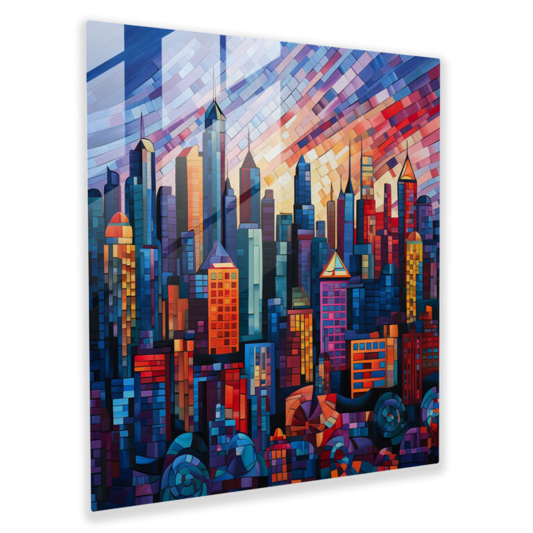 Glasbild mit geometrischen Skylines - Kubistisches Mosaikglas als Wandkunst für die Wohnraumgestaltung