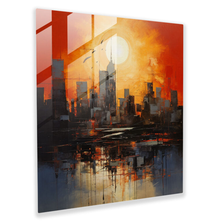 Elegantes Glasbild - Moderne Stadtsilhouette bei Sonnenuntergang Wanddekoration