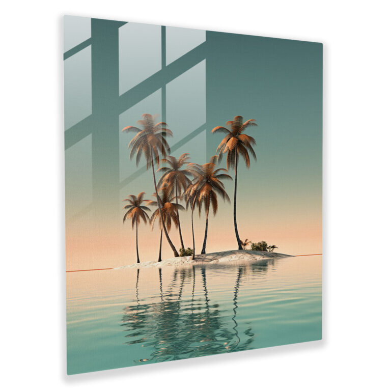 Tropischer Glasdruck - Minimalistische Palmen an einem sandigen Strand Modernes Kunstwerk