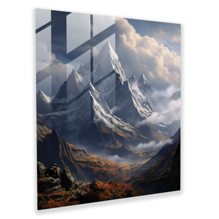 Glasbild mit beeindruckender Berglandschaft - Realistische majestätische Bergkette als Wanddekoration
