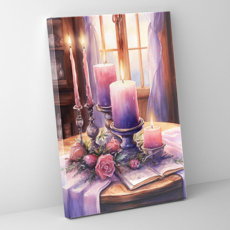 Titel: Romantisches Aquarell Leinwandbild: Kerze für die Wanddekoration zu Hause