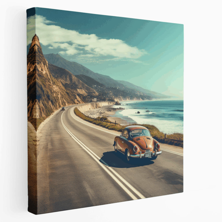 Leinwandbild Vintage Auto am Pacific Coast Highway