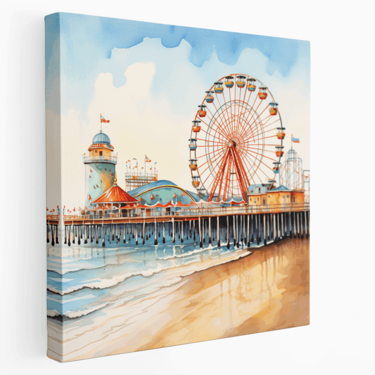 Verspieltes Aquarell-Leinwandbild Santa Monica Pier