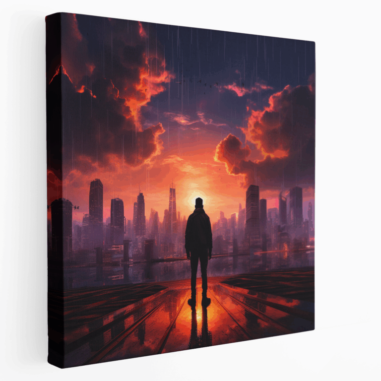 Sonnenuntergangs-Cyberscape Leinwandbild