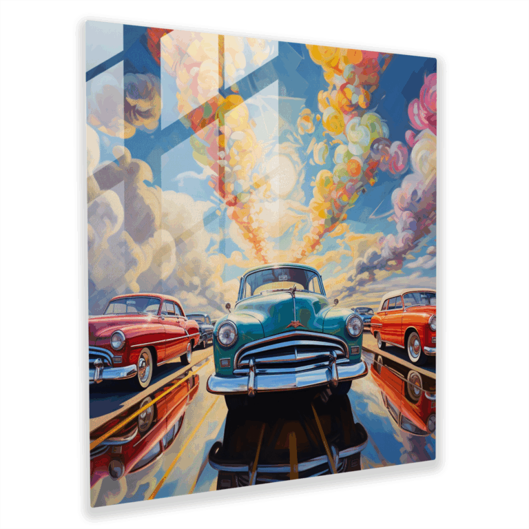 Lebhaftes Abstraktes Glasbild: Klassische Autos in einem Traumhaften Himmel Wanddekoration