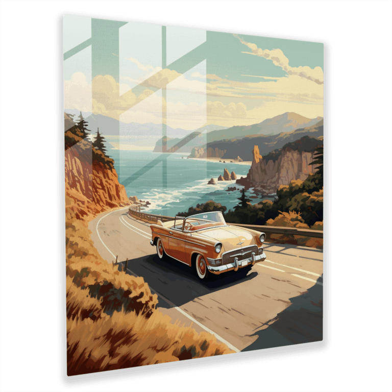 Exquisites Küstenglasbild: Vintage Cabrio am Meer Wanddekoration